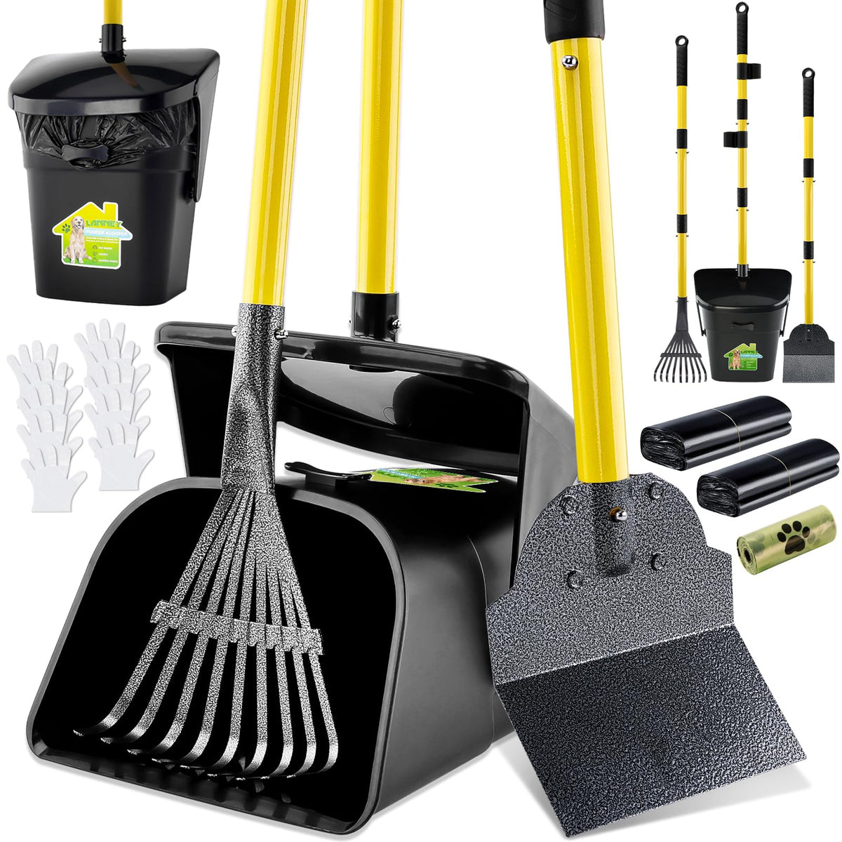 LANNEY Dog Waste Scooper Set with Swivel Bin, Rake & Spade – Yellow