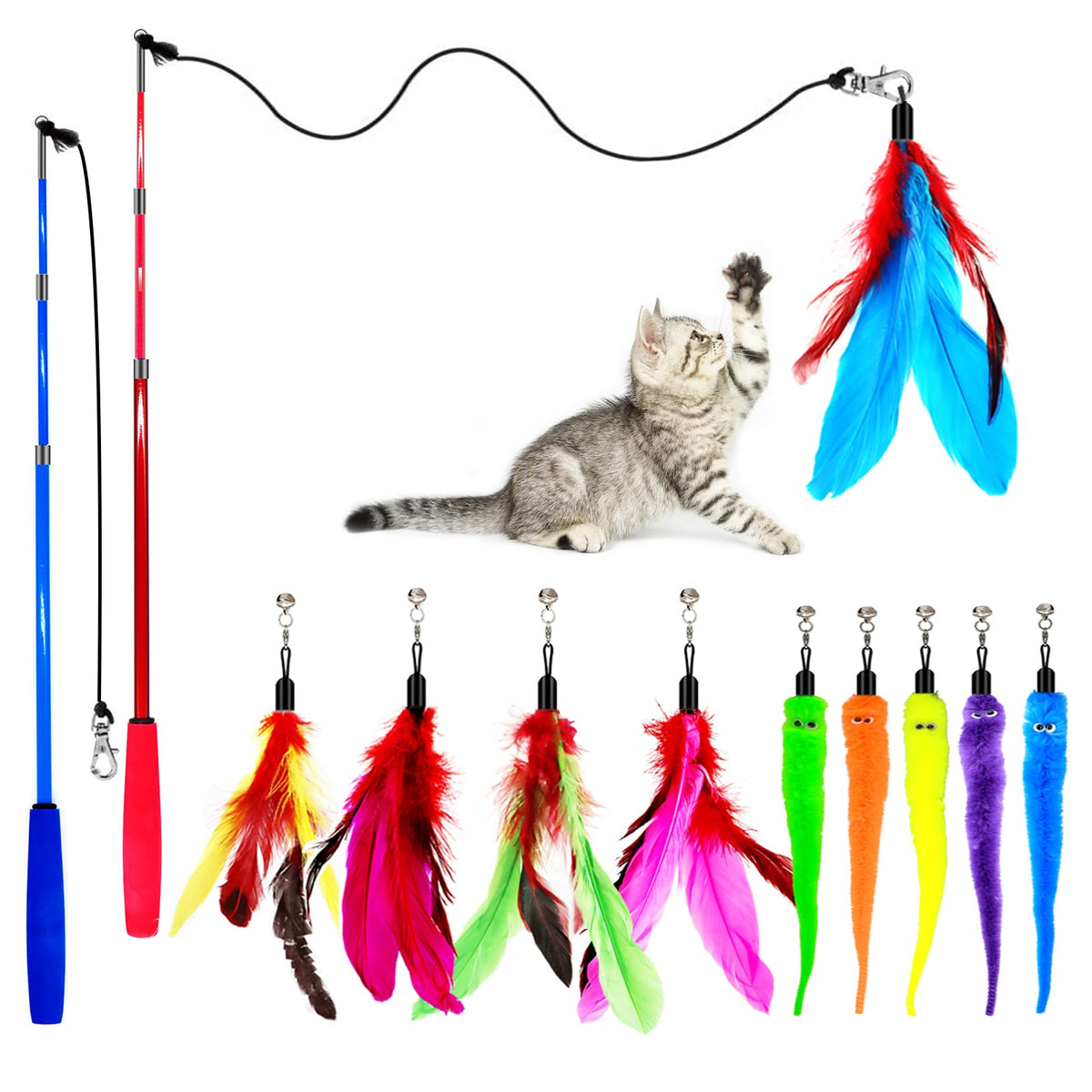 OODOSI Retractable Cat Wand Set – 2 Wands & 10 Replacement Lures
