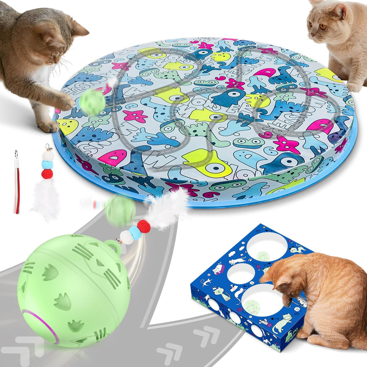 BETOPET Automatic Rolling Cat Toy Ball with Mesh Pouch