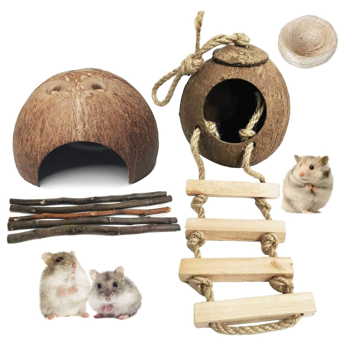 Kathson Coconut-Shell Small-Pet Hideout Set with Ladders