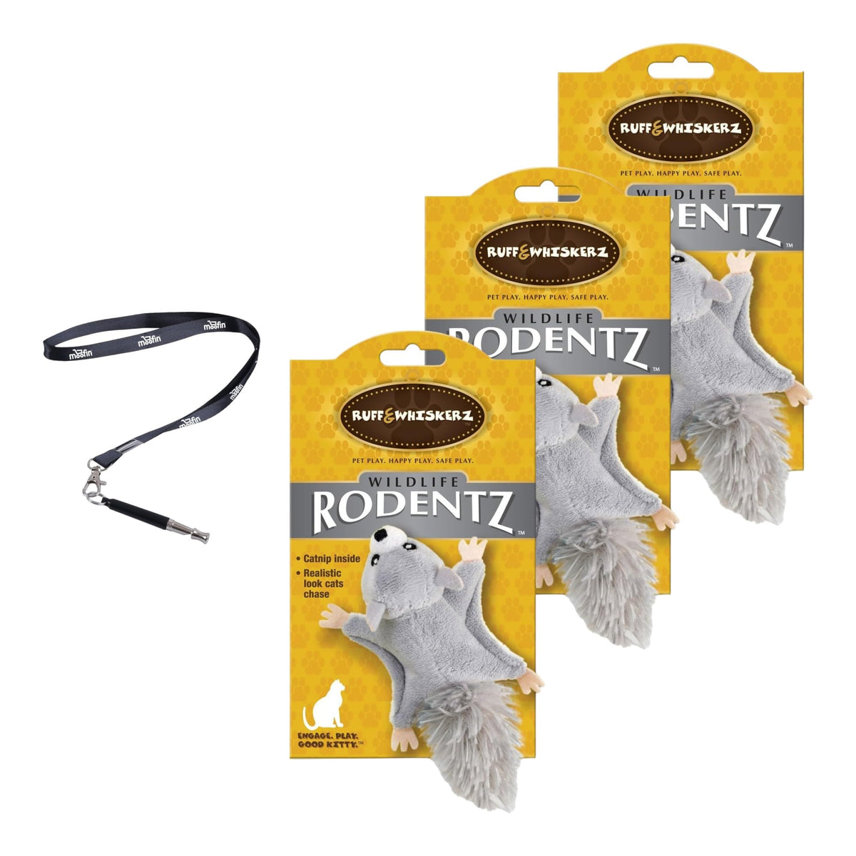 Ruff & Whiskerz Cat Toys for Indoor Cats Catnip Toys for Cats Wildlife Rodentz Realistic Look with Moofin SS Pet Training Whistle - Pack of 3