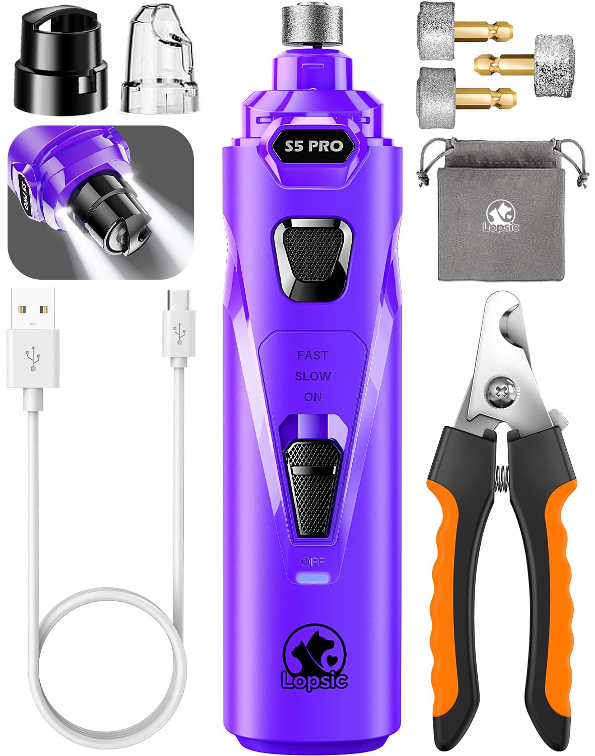 LOPSIC Rechargeable Pet Nail Grinder with Dual LED Lights