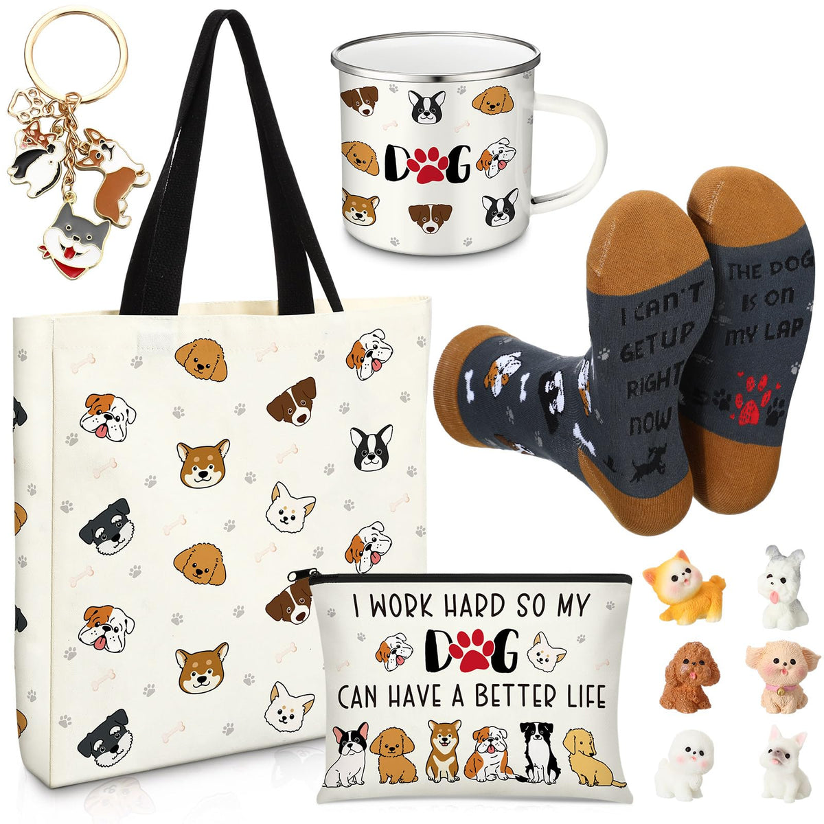 Yeyeplum Dog Lover Gift Set with Tote, Mug, Socks & Figurines