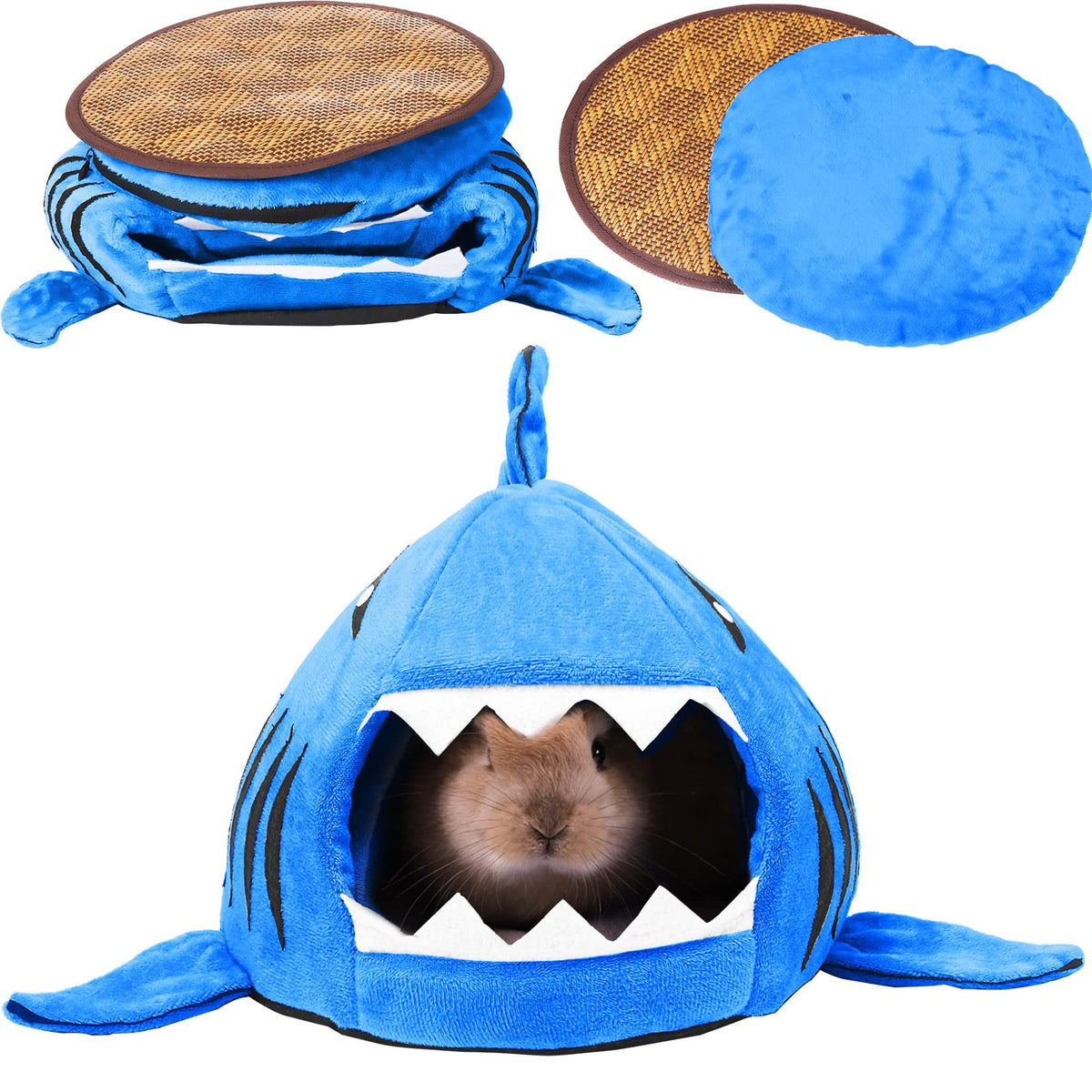 Shark-Shaped Small-Pet Hideout Bed with Cushions – Navy Blue