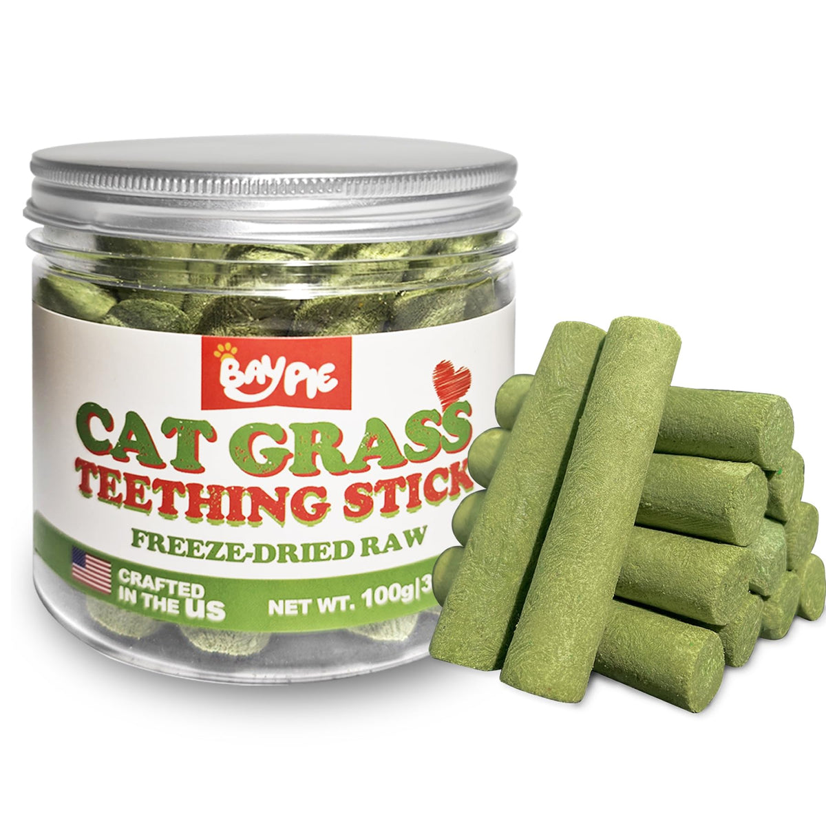 BAYPIE Cat Grass Teething Sticks 100% Natural Freeze Dried Cat Treats for Teeth Cleaning Hairball Control 3.5oz USA-Made Healthy Kitten Chews Grass Treats