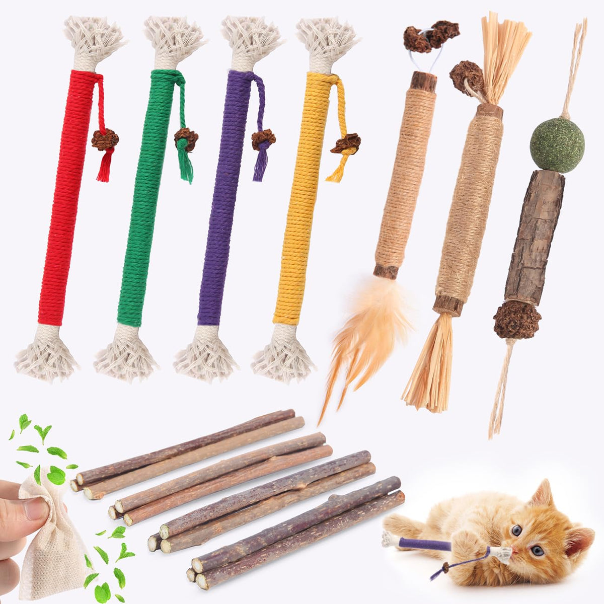 Kyouki Silvervine Cat Toy Set – 18 Sticks, 2 Rope Toys & Catnip Mix