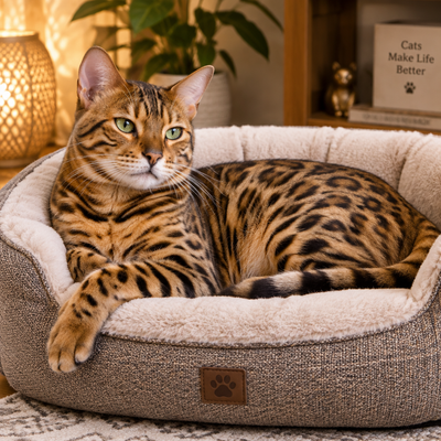 Bengal cat in a cat bed lounger