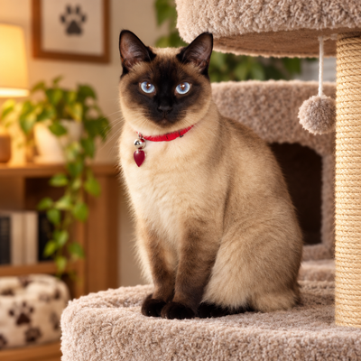 Siamese cat on cat tree tower