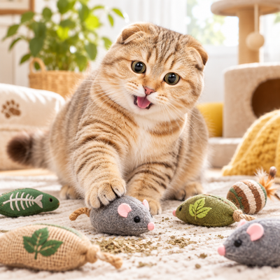 Golden Scottish Fold cat with catnip toys