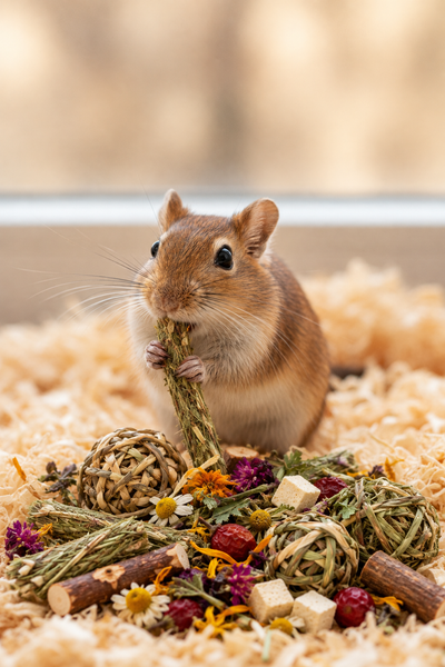 Gerbil with natural, chew and dental treats