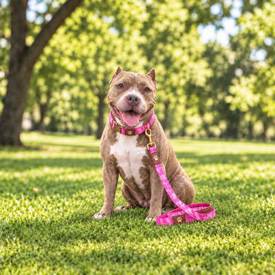 Female dog set farther back in the park, with pink collar and leash