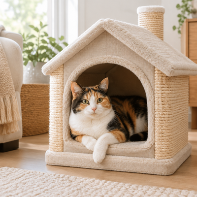Calico cat beside a cozy cat condo