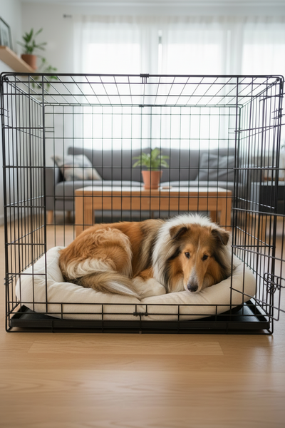 Lassie-style Collie in Dog Crate