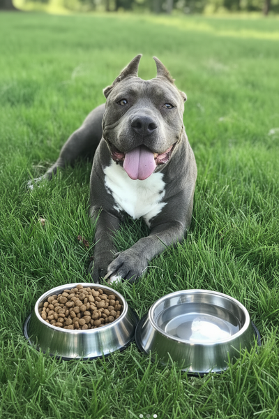 Dog looking straight ahead with food and water