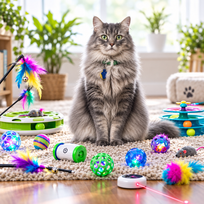 Fluffy cat with interactive and electronic cat toys