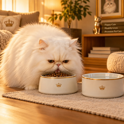Persian cat with food and water bowls