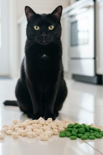 Black cat with freeze-dried and dental treats side by side