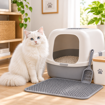 White cat with litter box and accessories