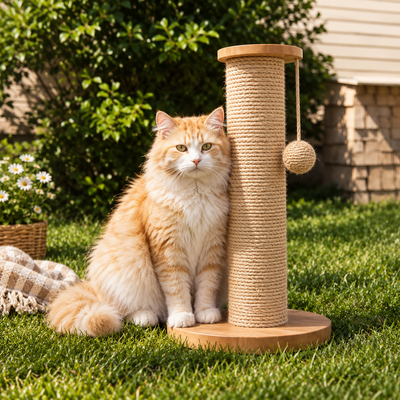 Orange cat with scratching post