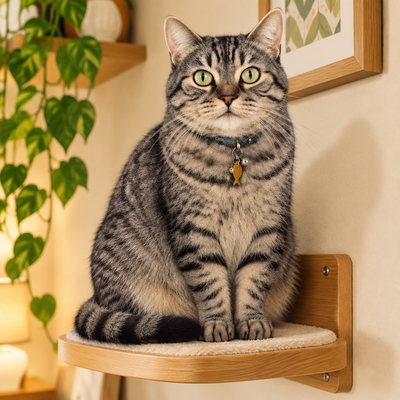 Tabby cat on wall shelf perch