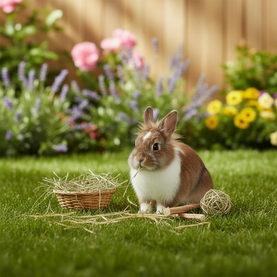 Rabbit nibbling grass with chew stick and hay ball