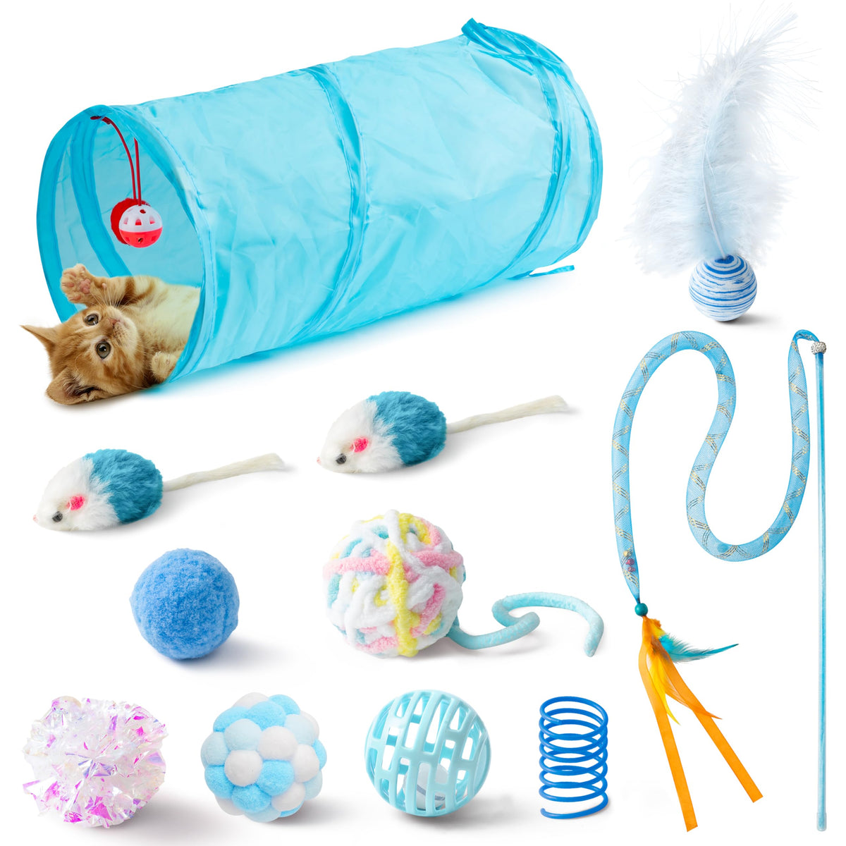MALLMALL6 Cat Toy Set with Foldable Blue Tunnel – 11 Pieces