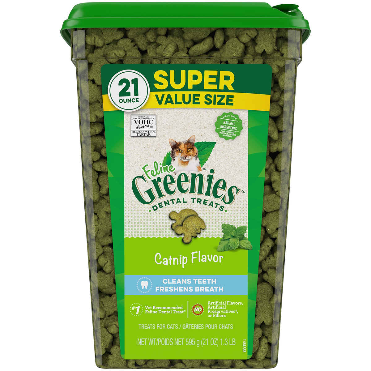 FELINE GREENIES Dental Cat Treats – Catnip Flavor, 21 oz Tub