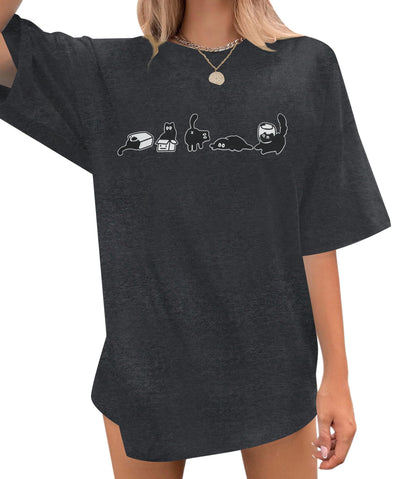 Women’s Cat Graphic Short-Sleeve T-Shirt – Dark Gray, XL