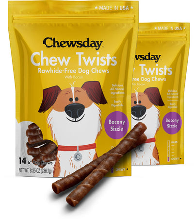 Chewsday Rawhide-Free Dog Chew Twists – Bacony Sizzle, 6 in, 28 Count