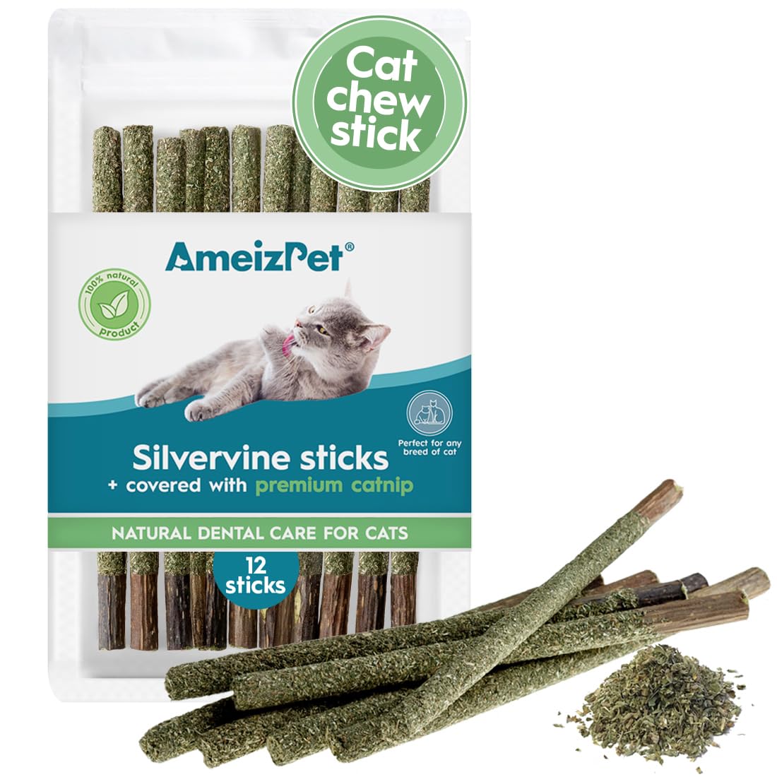 AmeizPet Silvervine Cat Sticks with Catnip Dust – 12-Pack