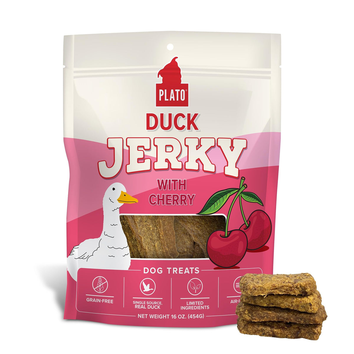 PLATO Duck & Cherry Air-Dried Dog Jerky Treats – 16 oz