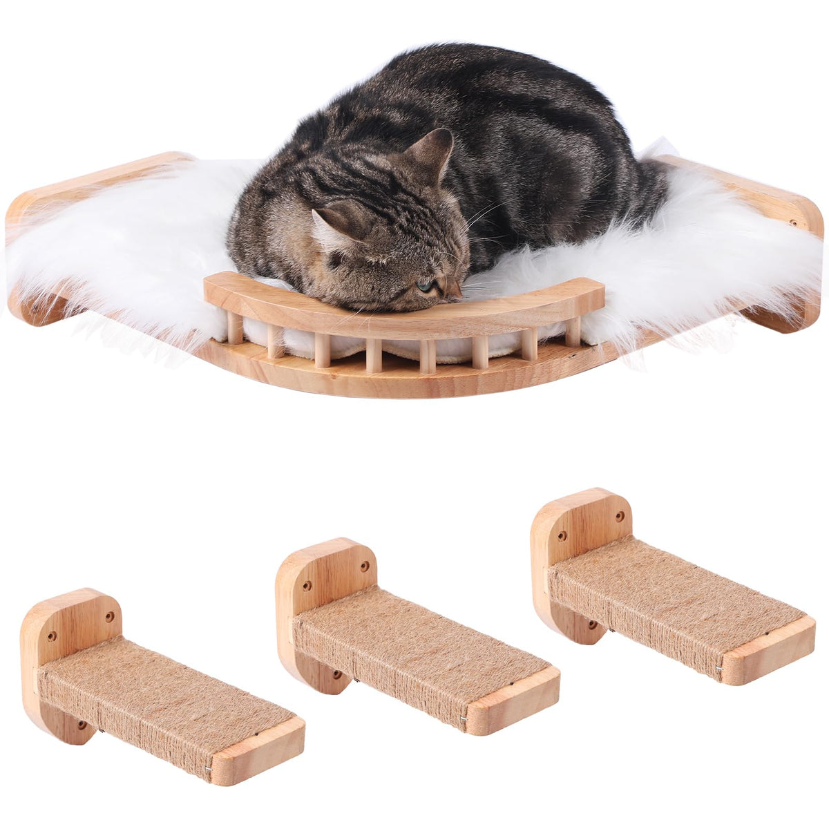 Coolex Corner Cat Wall Shelf with 3 Sisal Steps – Rubberwood