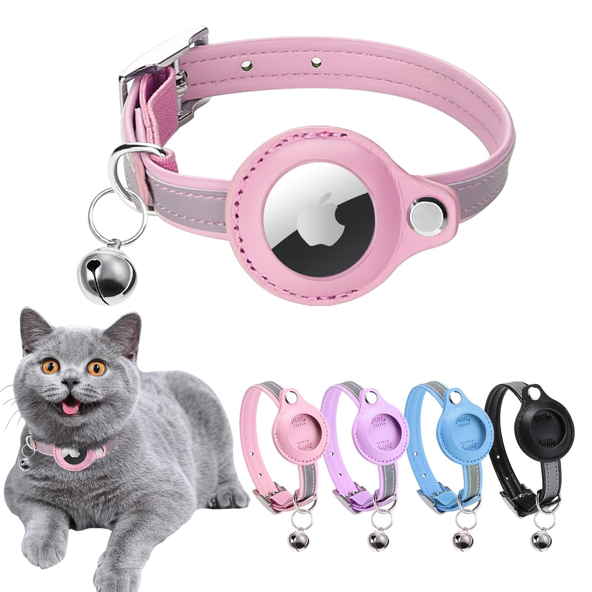 Airtag Cat Collar Cat Collar with Bells Reflective GPS Cat Collar Cat Tracker Collar Leather Cat Collar for Cats (Blue-M (Pink XS(7.5-10.2"))
