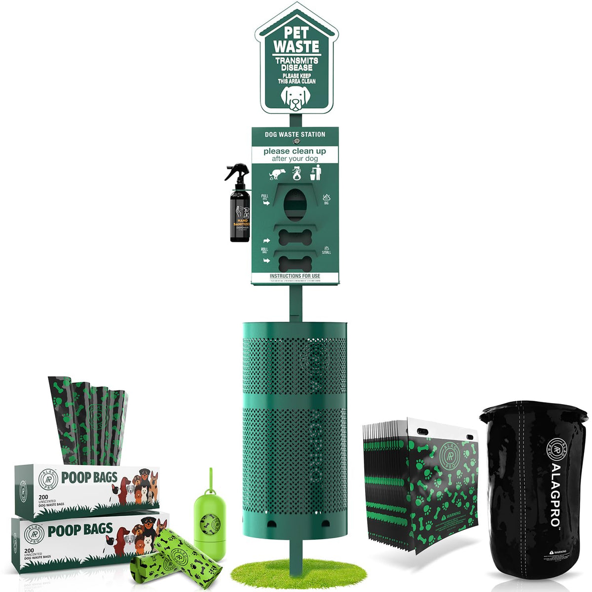 ALAGPRO® Dog Waste Station Outdoor Pet Waste Station with Hand Sanitizer Bottle Commercial Dog Poop Station with Free 400 Roll 200 Pull Waste Bags & 50 Can Liners for Backyard Park & HOAs