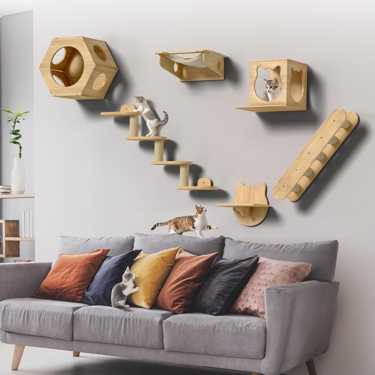 Wooden Wall-Mounted Cat Furniture Set – 6 Pieces
