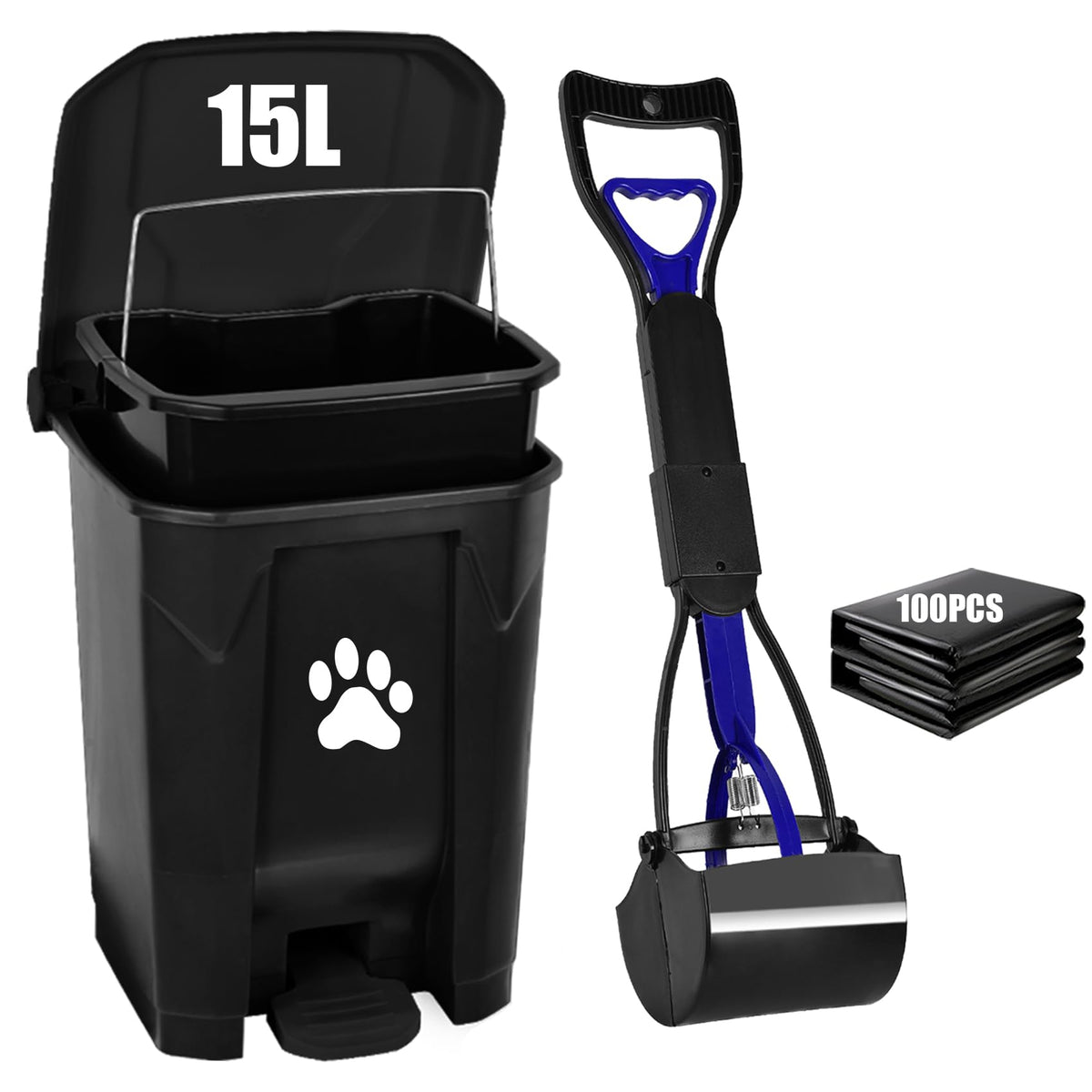 mayayaday Dog Waste Bin with Scooper & 100 Bags – Black, 15 L