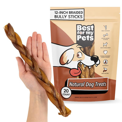 Best For My Pets Braided Bully Sticks for Dogs (12 Inch 20 Pack) - Premium Long Lasting Dog Chew Treats to Keep Puppies and Dogs Happily Busy - Dog Dental Chews - Fully Digestible Rawhide-Free Treats FREE SHIPPING