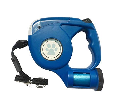 JEBBLAS 15 ft Retractable Dog Leash with Flashlight & Bag Dispenser – Blue