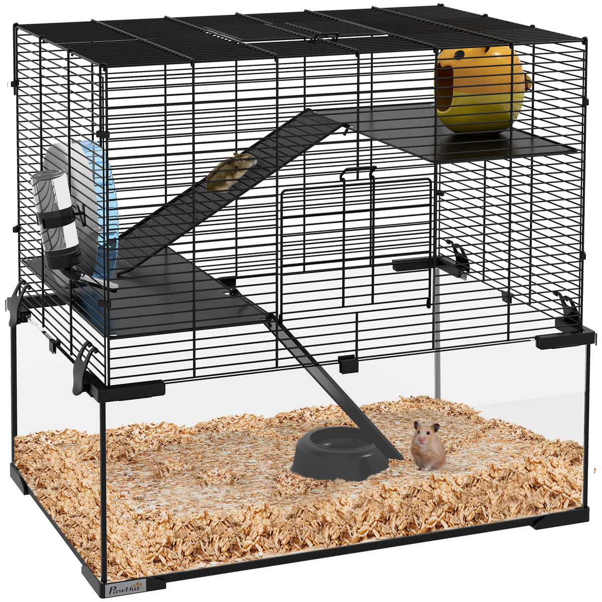 PawHut Three-Tier Small-Pet Enclosure with Glass Base – Black