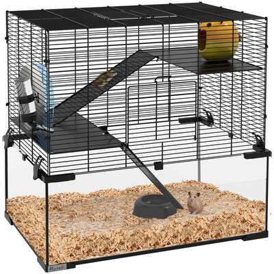 PawHut Three-Tier Small-Pet Enclosure with Glass Base – Black