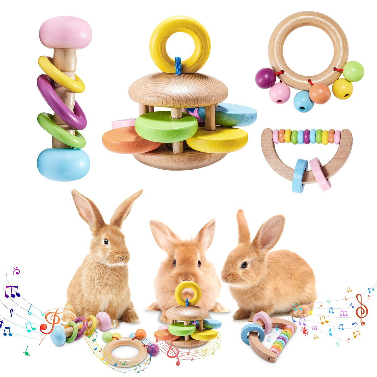 AOWPFVV 4 Pcs Wooden Bunny Toys - Safe Rabbit Toys Bite-Resistant Guinea Pigs Toys for Chinchillas Hamsters Small Animals Playing Teeth Grinding Indoor Outdoor