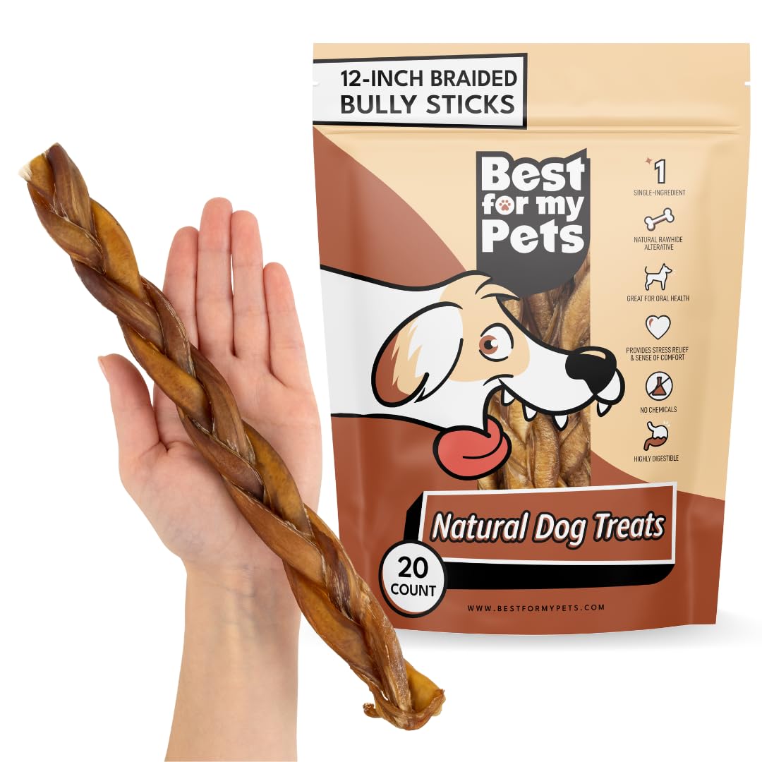 Best For My Pets Braided Bully Sticks for Dogs (12 Inch 20 Pack) - Premium Long Lasting Dog Chew Treats to Keep Puppies and Dogs Happily Busy - Dog Dental Chews - Fully Digestible Rawhide-Free Treats FREE SHIPPING