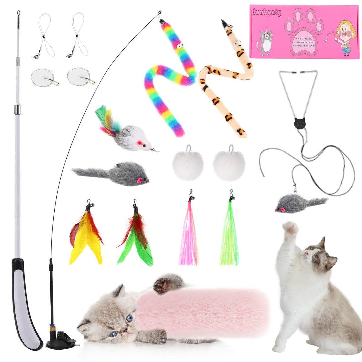 Janbenty 4-in-1 Interactive Cat Feather Toys Durable Retractable Fishing Pole Cat Toy Enhanced Suction Cup Cat Catnip Toy 14 Wand Replacement Door Hanging Cat String Toy for Bored Indoor Kitten