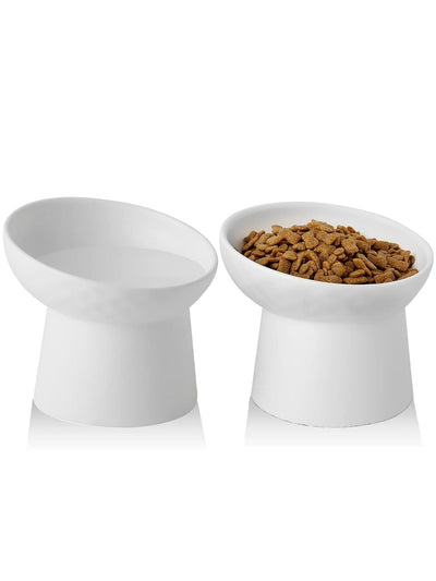 XJYYLX Raised Ceramic Cat Bowls – White, 2-Pack