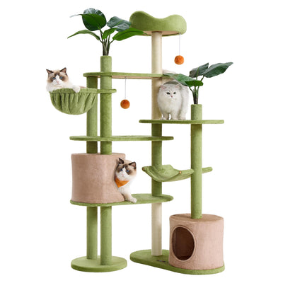 Feandrea Cat Tree 68.1-Inch Tall Cat Tower Multi-Level Plush Cat Condo with Artificial Leaves 3 Scratching Posts 2 Pompoms with Bells for Indoor Cats Grass Green and Camel Brown UPCT330C01