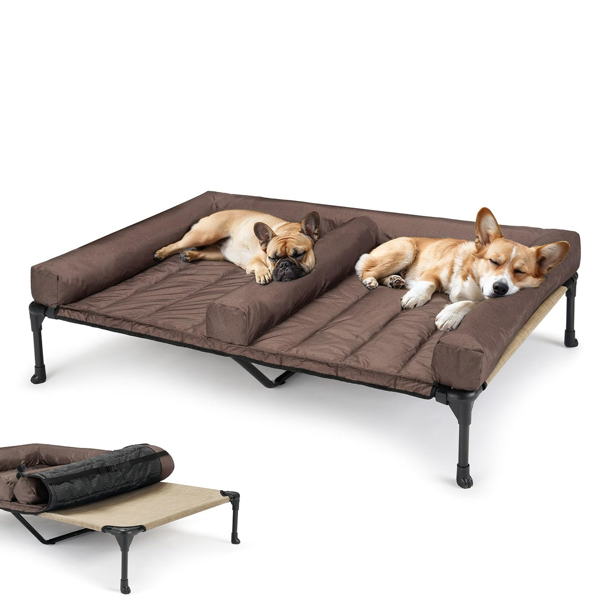 Veehoo Double Elevated Pet Cot with Bolster Mat – Beige Coffee, 49 × 33 in