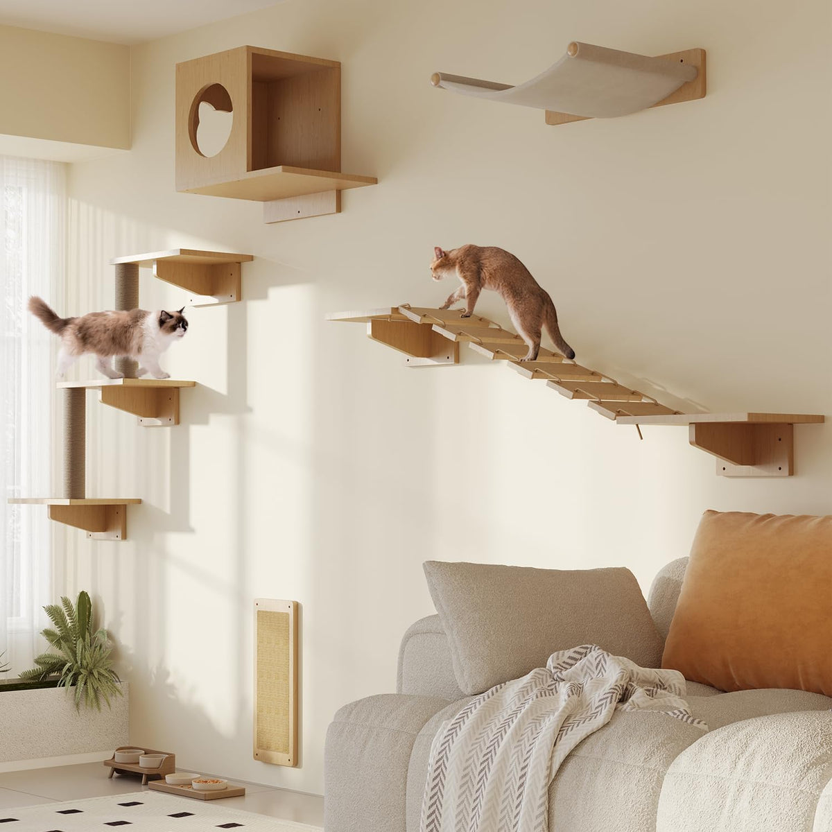 Cat Wall Shelves Set of 5 Wooden Cat Wall Furniture with Cat Condo Cat Scratching Post with 3 Steps Bridge Cat Hammocks and Scratcher