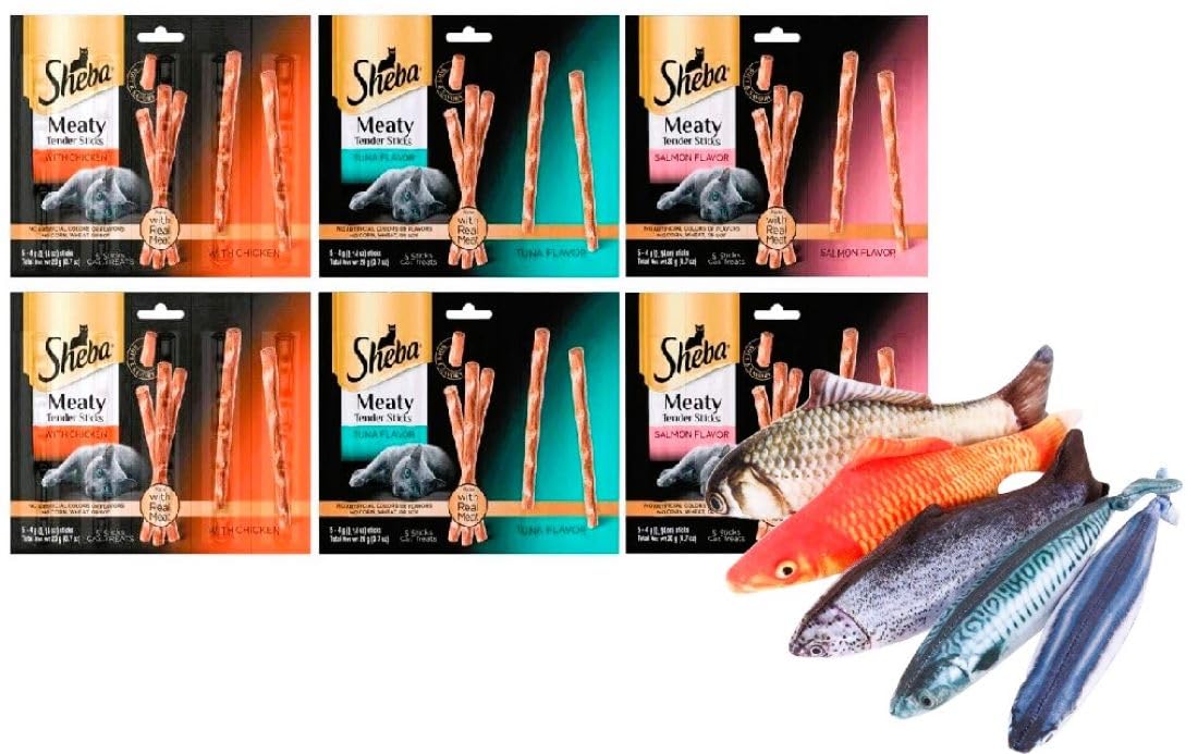 Kitti Variety Pack Bundle Including (1) 7.5" Triple Strength Catnip Toys and (6) 5 Pack of Sheba Meaty Tender Sticks Cat Treats. (Tuna Chicken Salmon – 6 Pack)