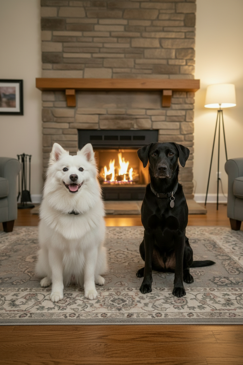 Dogs by fireplace portrait