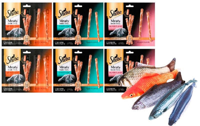 Kitti Variety Pack Bundle Including (1) 7.5" Triple Strength Catnip Toys and (6) 5 Pack of Sheba Meaty Tender Sticks Cat Treats. (Tuna Chicken Salmon – 6 Pack)